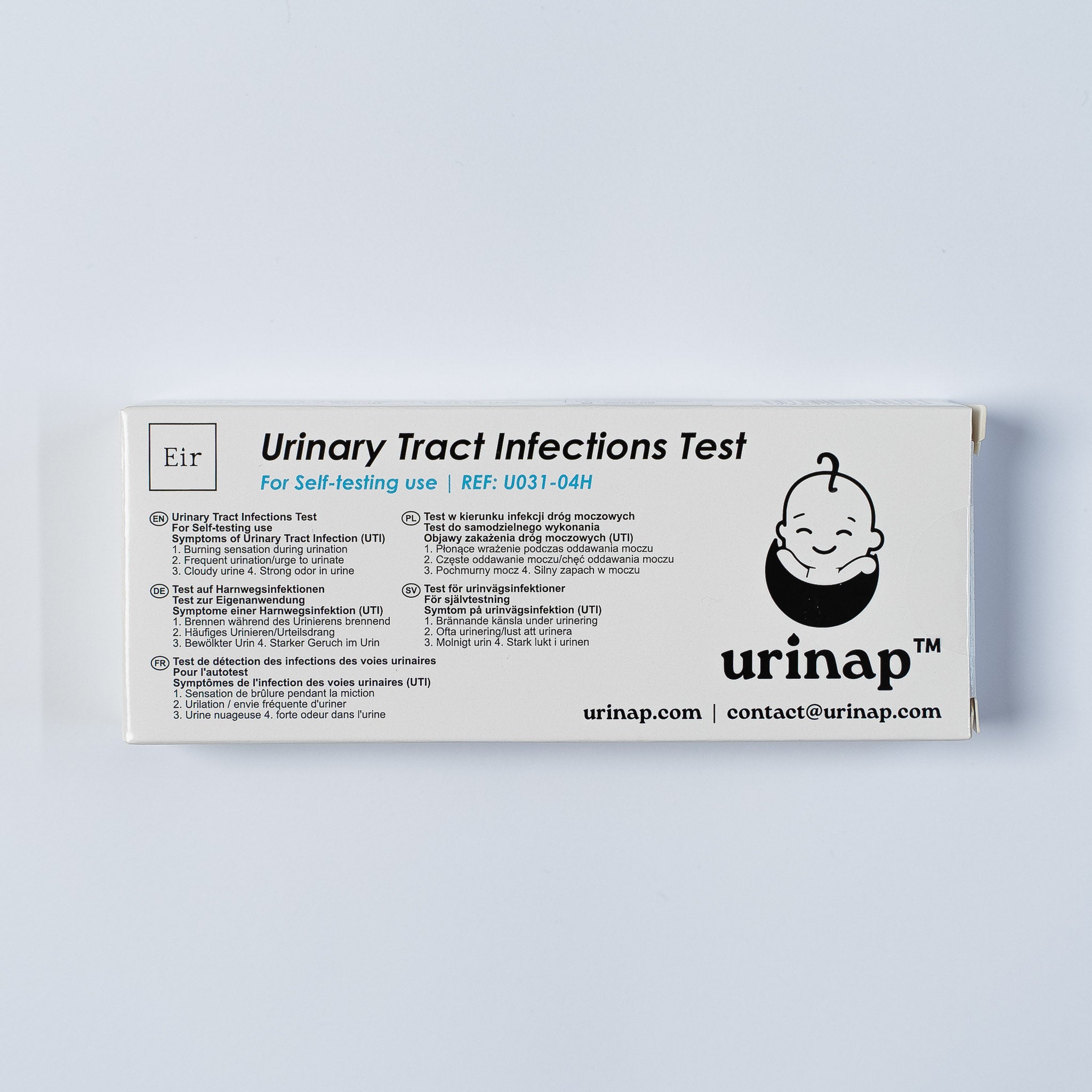 Urinary Tract Infections Test box for Urinap brand. The product packaging displays information in multiple languages, and lists symptoms of UTI and indicates it's for self-testing use. The box features a cute cartoon baby icon.