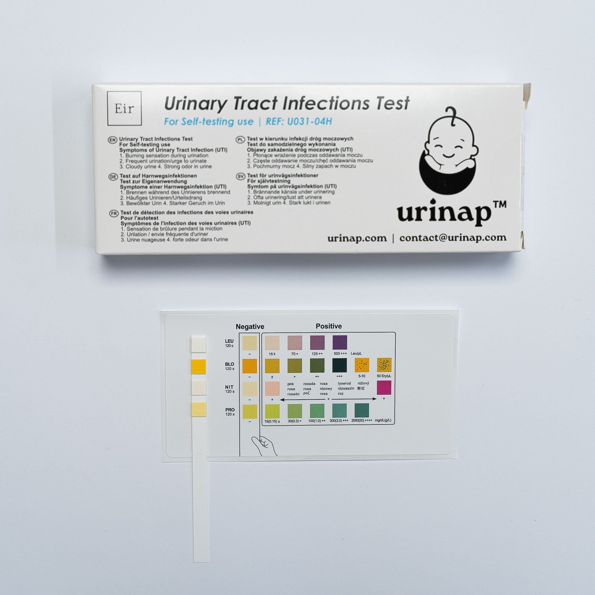 Urinary Tract Infections Test box by Urinap with test strip color chart below. The chart shows different color indicators for negative and positive results for various parameters like leukocytes, blood, nitrites, and protein, allowing users to interpret their test results.